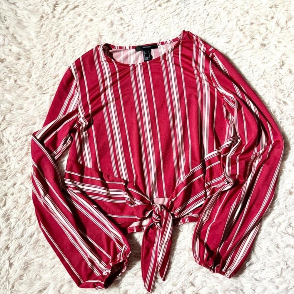 Striped Retro Pinstripe Funky Classic Tie Front Balloon Sleeve Crop Top Womens M